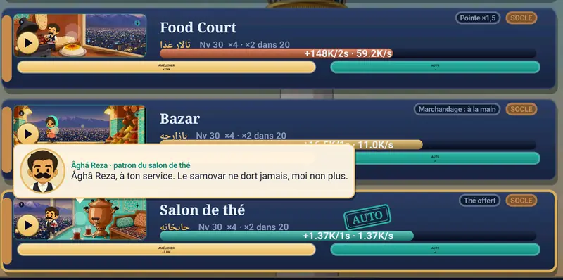 Écran du jeu : Âghâ Reza, patron du salon de thé, se présente